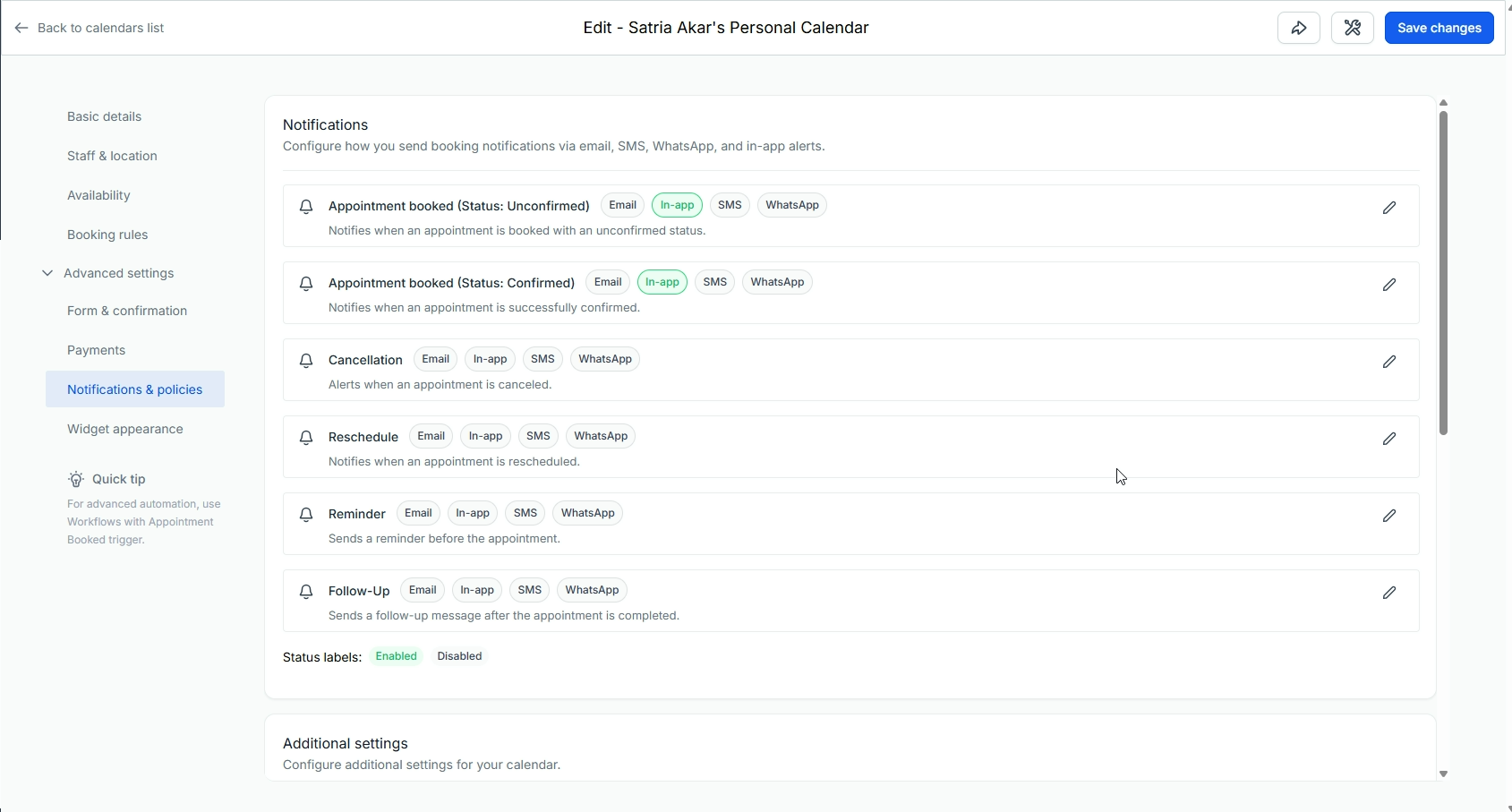 Notifications and reminders setup