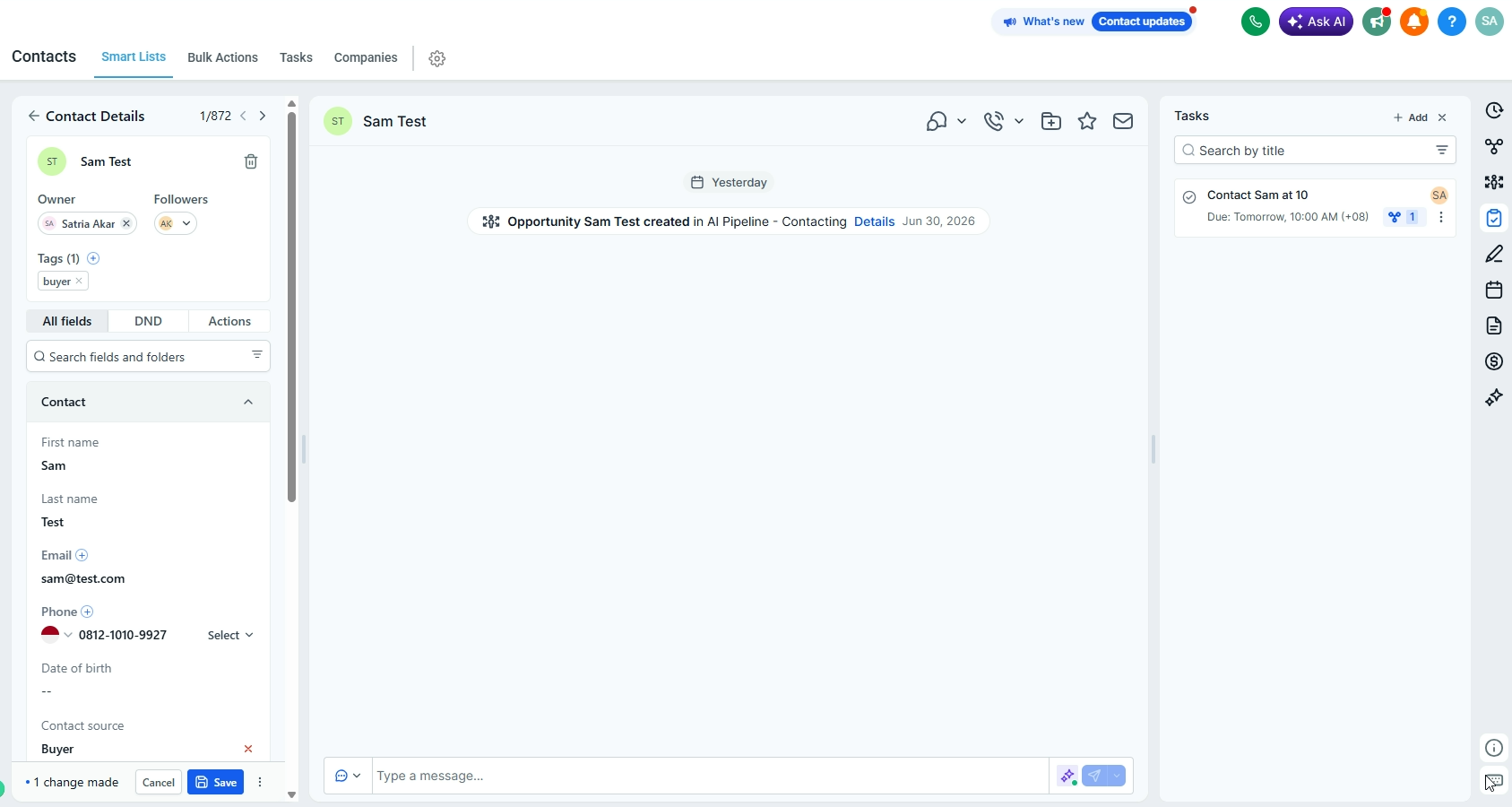 A contact record showing details, conversations, and related panels