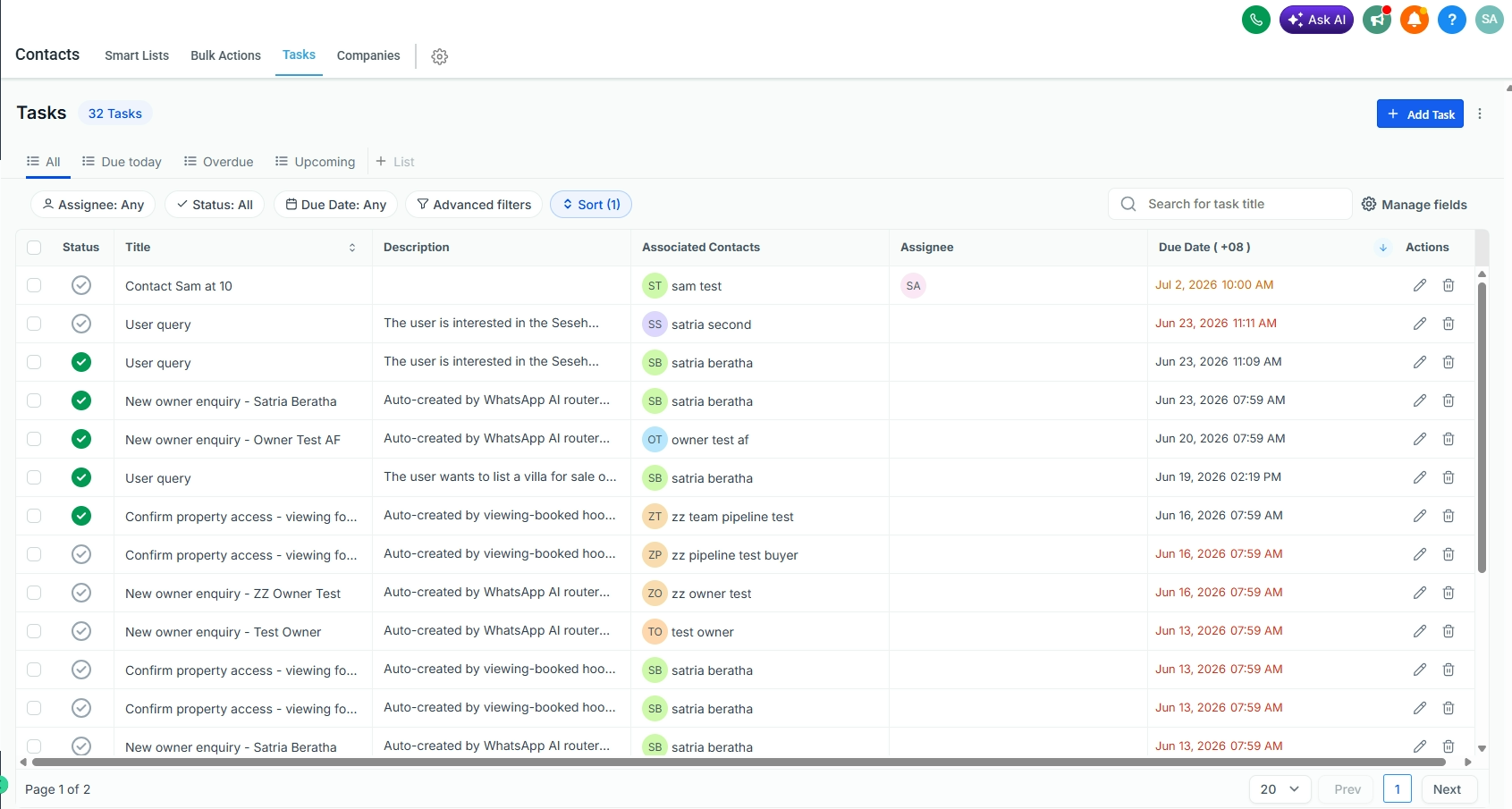 The Tasks view listing tasks with status, associated contacts, assignee, and due dates
